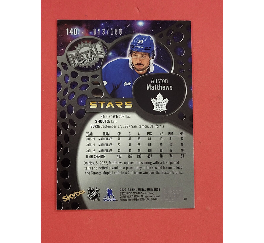 2022-23 UPPER DECK METAL UNIVERSE RED PMG AUSTON MATTHEWS /100 #140 CORNER DMG