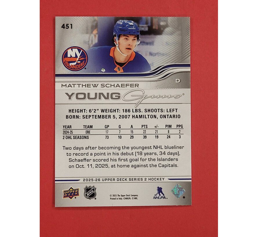 2025-26 UPPER DECK SERIES 2 MATTHEW SCHAEFER YOUNG GUNS