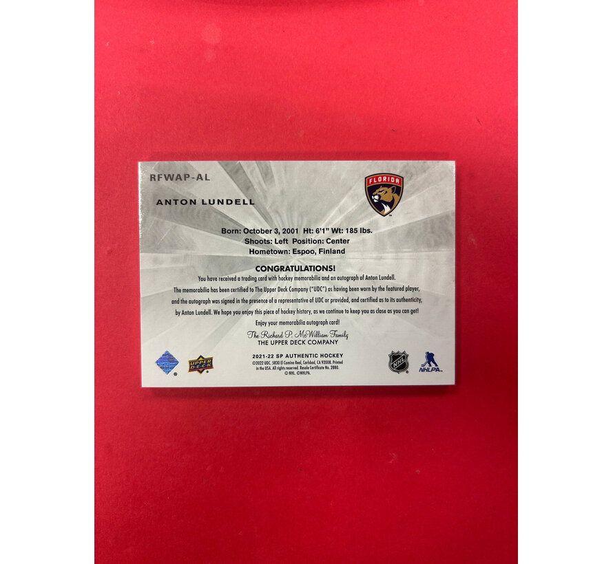 2021-22 SP AUTHENTIC ANTON LUNDELL FUTURE WATCH AUTO PATCH /99