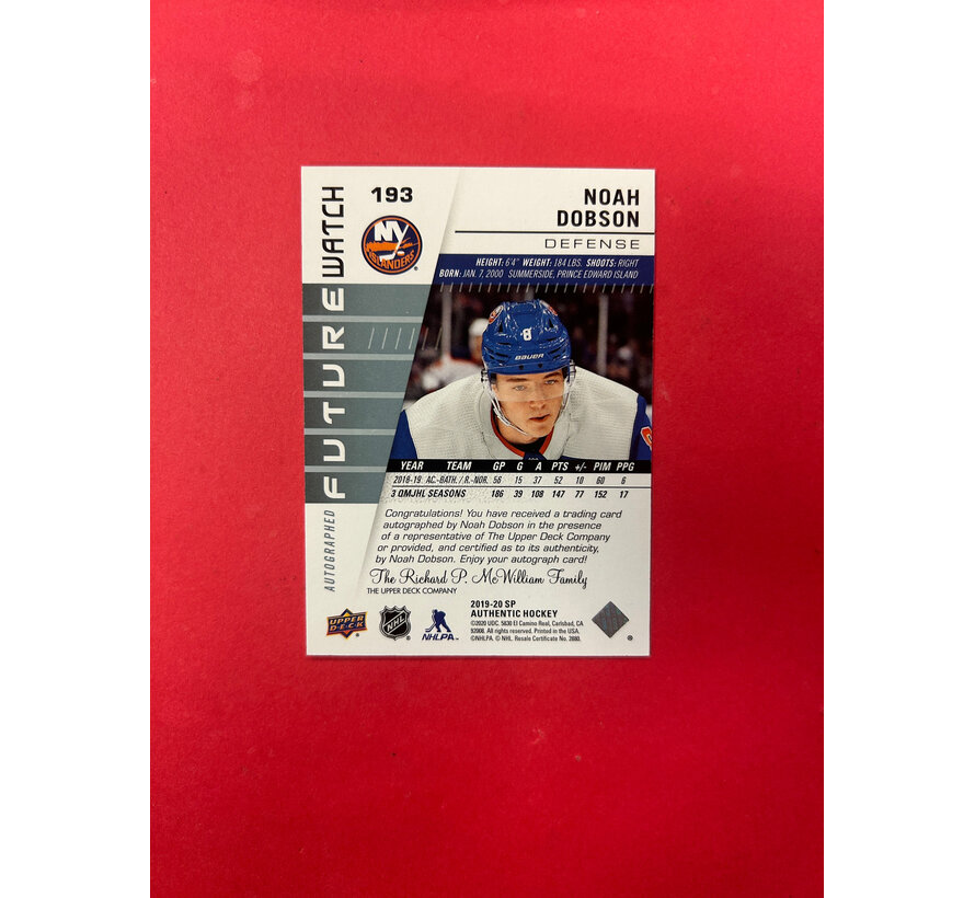 2019-20 SP AUTHENTICS NOAH DOBSON FUTURE WATCH AUTOGRAPH /999