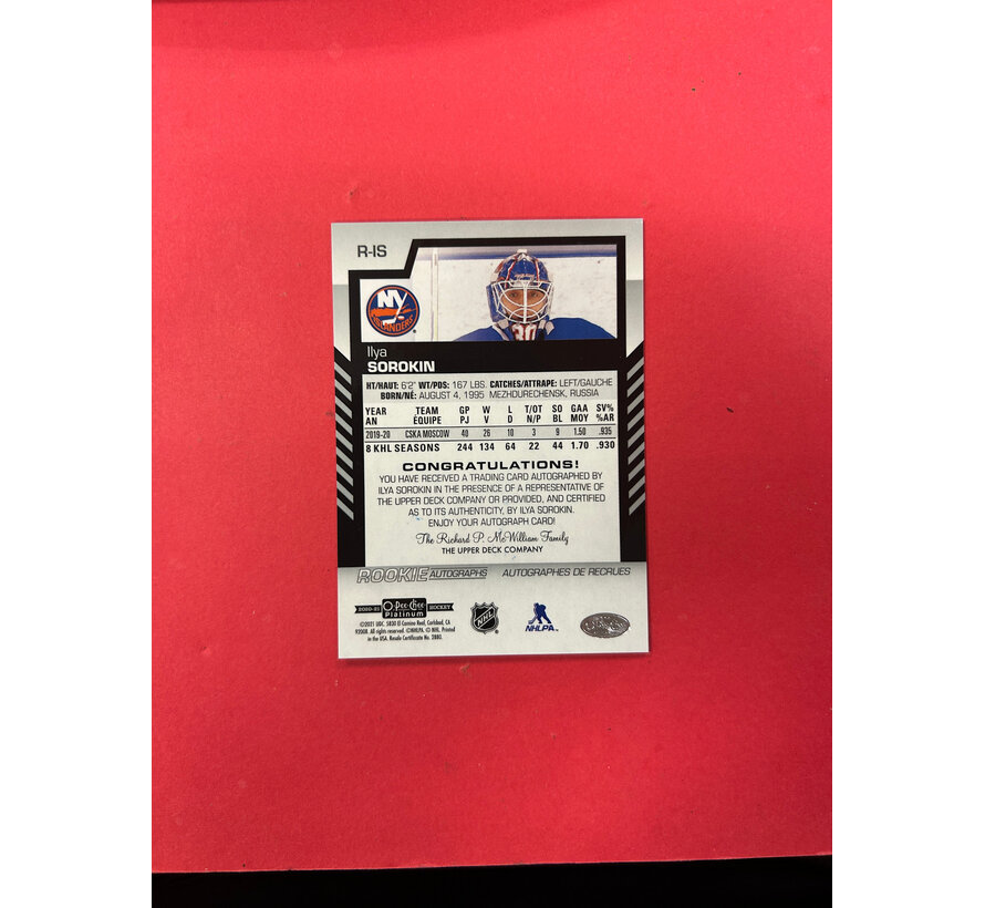 2020-21 OPC PLATINUM ILYA SOROKIN ROOKIE AUTOGRAPHS