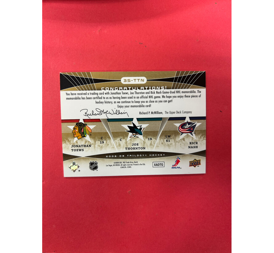 2008-09 UPPER DECK TRILOGY TOEWS/THORNTON/NASH THREE STAR SPOTLIGHT JERSEY