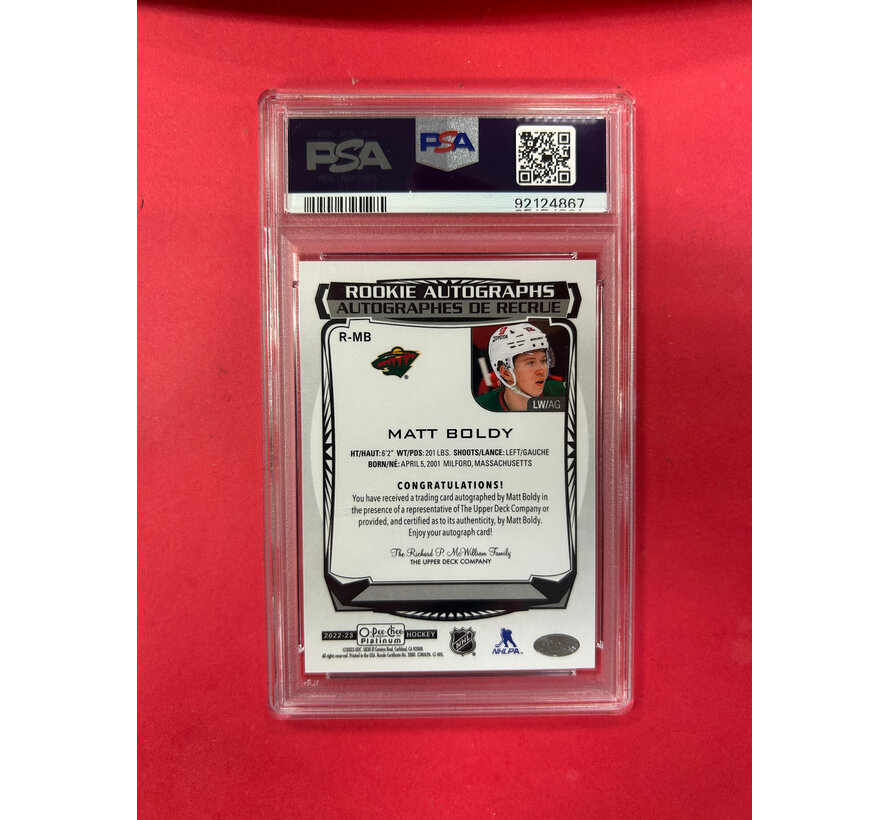 2022-23 OPC PLATINUM MATT BOLDY ROOKIE AUTOGRAPH PSA GRADED 9