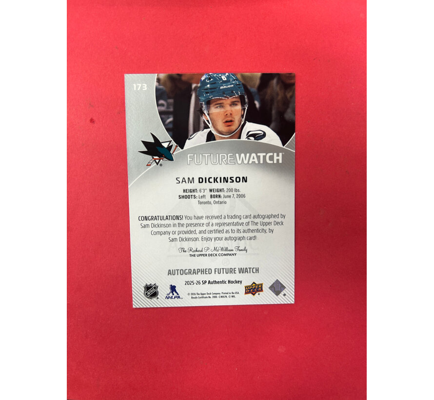 2025-26 SP AUTHENTIC SAM DICKINSON FUTURE WATCH AUTOGRAPH HORIZONTAL /599