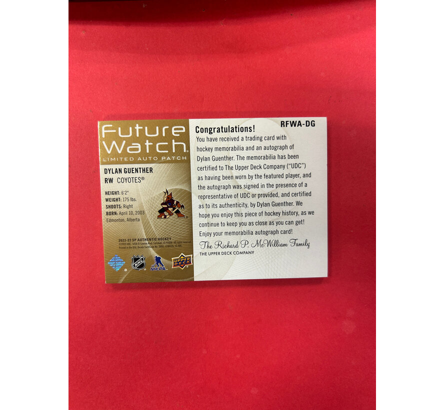 2022-23 SP AUTHENTIC DYLAN GUENTHER FUTURE WATCH AUTO PATCH RETRO /50