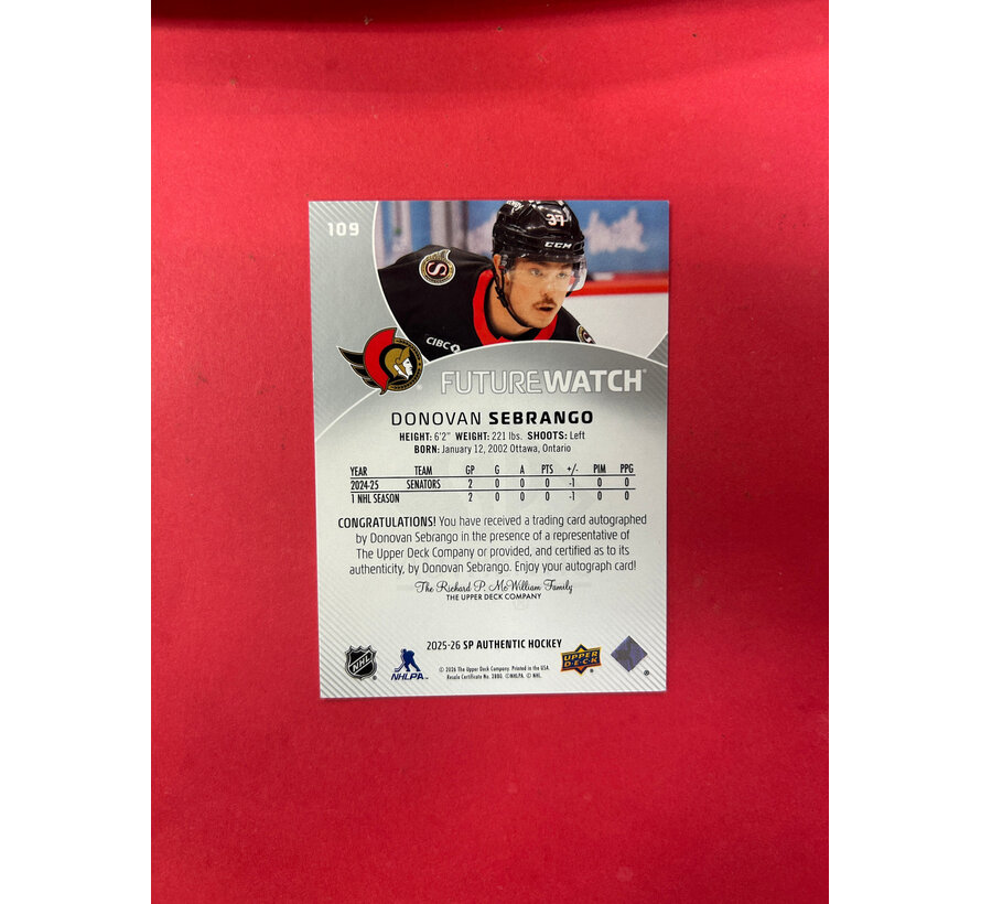 2025-26 UPPER DECK SP AUTHENTIC DONOVAN SEBRANGO FUTURE WATCH AUTOGRAPH INSCRIBED /50