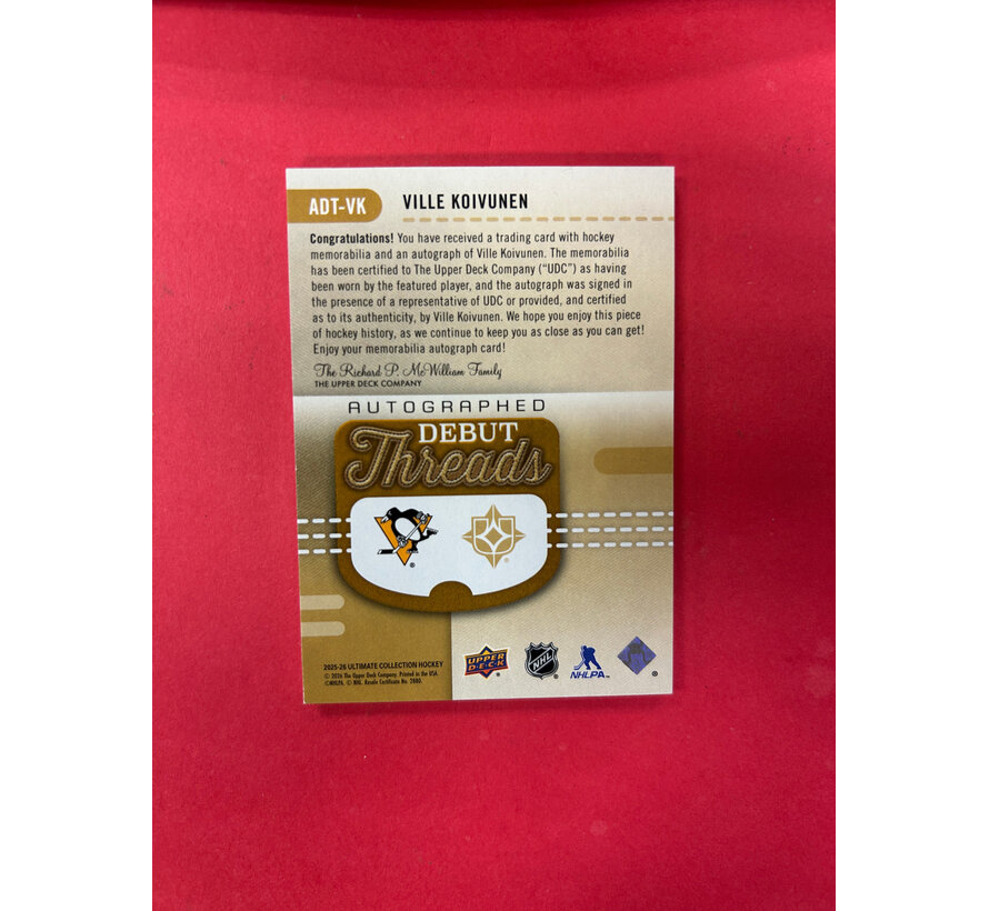 2025-26 UPPER DECK ULTIMATE VILLE KOIVUNEN AUTOGRAPHED DEBUT THREADS /199