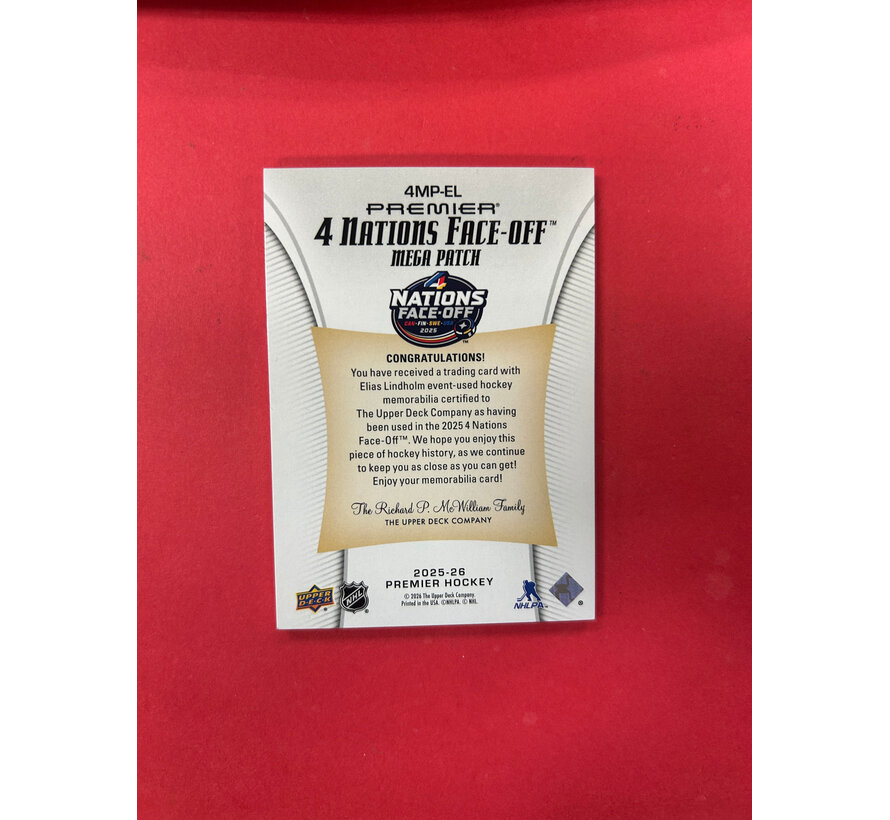 2025-26 UPPER DECK PREMIER ELIAS LINDHOLM 4 NATIONS FACEOFF MEGA PATCH /24