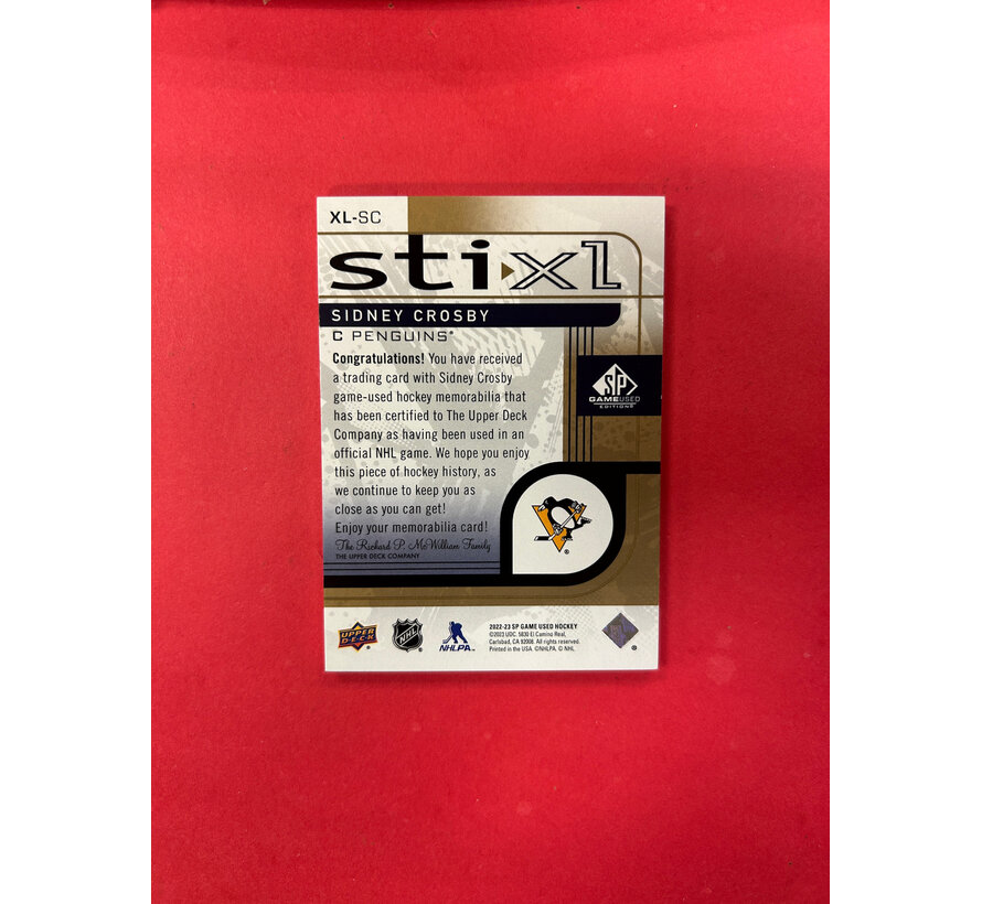 2022-23 SP GAME USED SIDNEY CROSBY STIXL GAME USED STICK /25