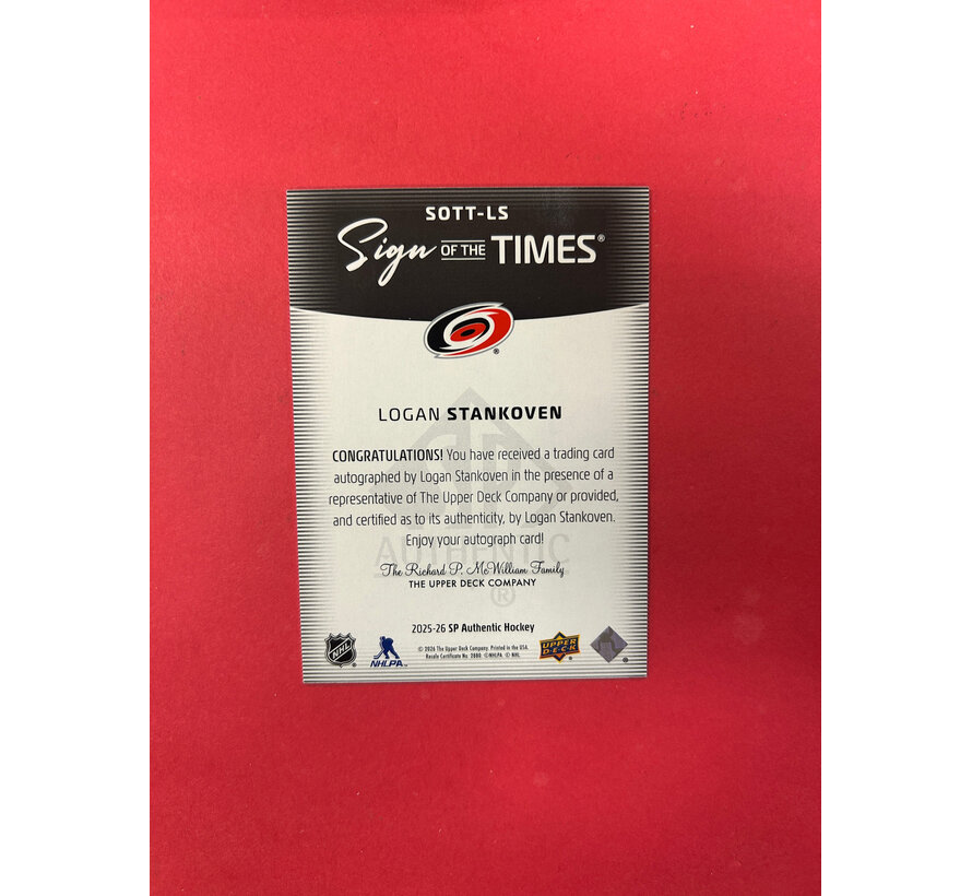 2025-26 SP AUTHENTIC LOGAN STANKOVEN SIGN OF THE TIMES BLACK INSCRIBED /35
