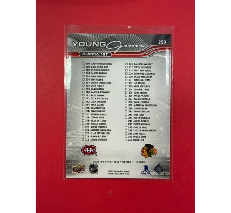 2025-26 UPPER DECK SERIES 1 YOUNG GUNS CHECKLIST DELUXE IVAN DEMIDOV ARTYOM LEVSHUNOV /250 #250