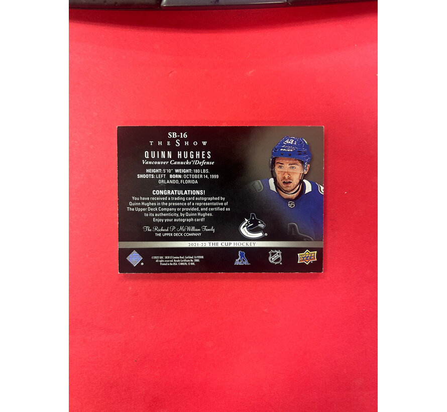 2021-22 UPPER DECK THE CUP QUINN HUGHES THE SHOW AUTO BLACK