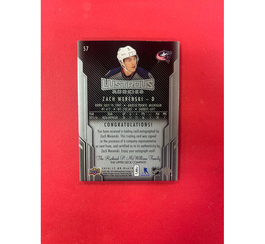 2016-17 UPPER DECK BLACK ZACH WERENSKI LUSTROUS ROOKIE AUTO /299