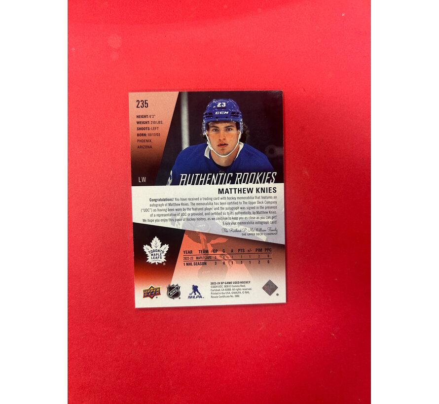 2023-24 UPPER DECK SP GAME USED MATTHEW KNIES AUTHENTIC ROOKIES JERSEY AUTO /149