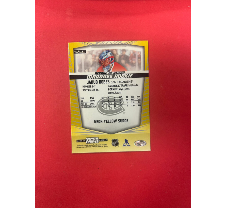 2024-25 OPC PLATINUM JAKUB DOBES NEON YELLOW SURGE ROOKIE