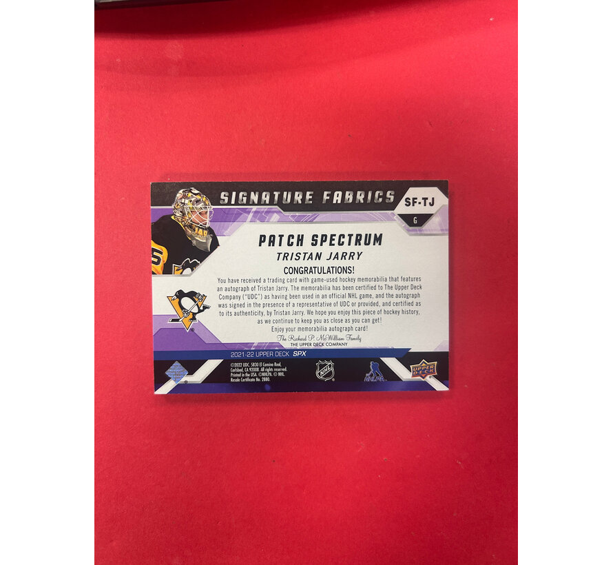 2021-22 UPPER DECK SPX TRISTAN JARRY SIGNATURE PATCH SPECTRUM 1/1
