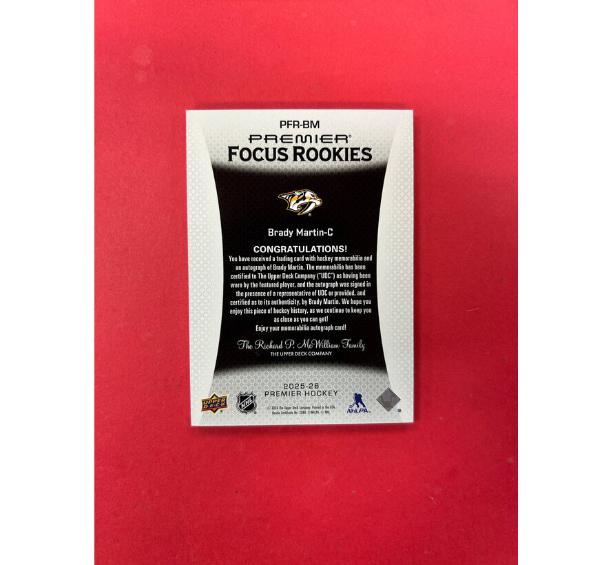 2025-26 UPPER DECK PREMIER BRADY MARTIN FOCUS ROOKIES AUTO PATCH /99