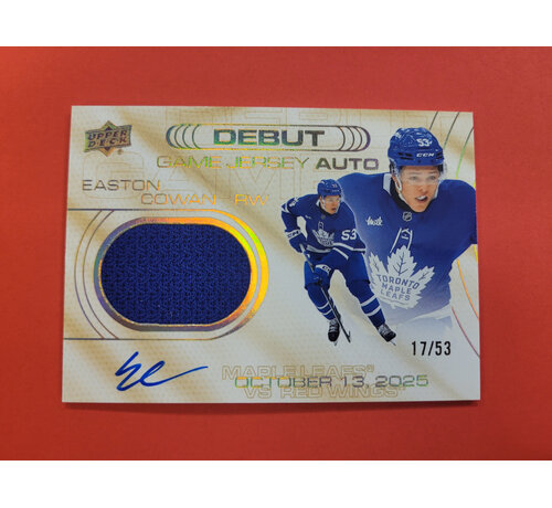 UPPER DECK 2025-26 UPPER DECK EXTENDED EASTON COWAN DEBUT GAME JERSEY AUTO /53 ROOKIE