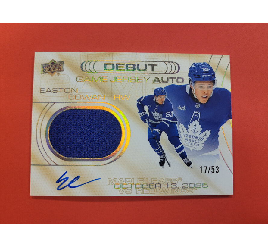 2025-26 UPPER DECK EXTENDED EASTON COWAN DEBUT GAME JERSEY AUTO /53 ROOKIE
