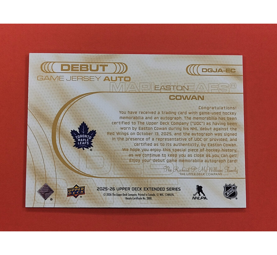 2025-26 UPPER DECK EXTENDED EASTON COWAN DEBUT GAME JERSEY AUTO /53 ROOKIE