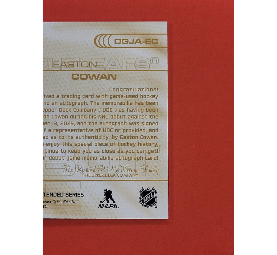 2025-26 UPPER DECK EXTENDED EASTON COWAN DEBUT GAME JERSEY AUTO /53 ROOKIE