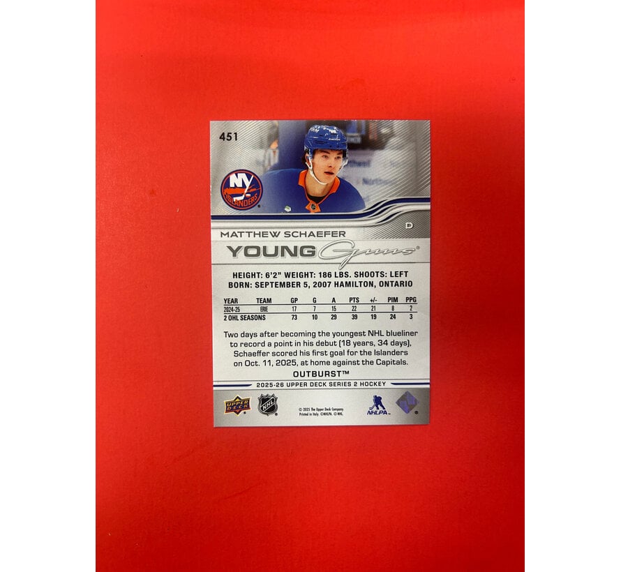 2025-26 UPPER DECK SERIES 2 MATTHEW SCHAEFER YOUNG GUNS OUTBURST