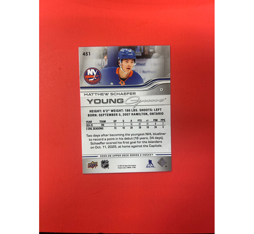 2025-26 UPPER DECK SERIES 2 MATTHEW SCHAEFER YOUNG GUNS