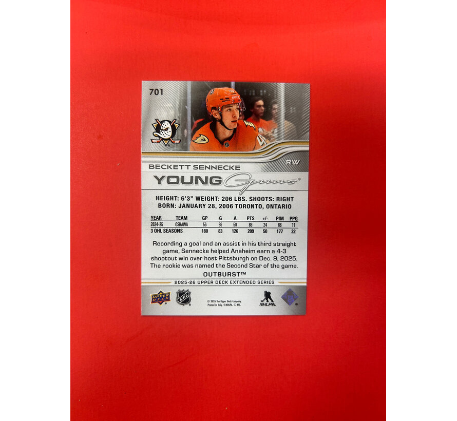 2025-26 UPPER DECK EXTENDED SERIES BECKETT SENNECKE YOUNG GUNS OUTBURST
