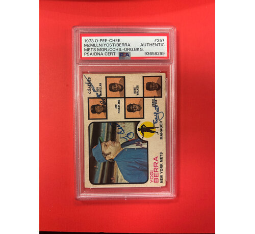 O-PEE-CHEE 1973 O-PEE-CHEE MCMILLAN/YOST/BERRA TRIPLE AUTOGRAPHED PSA AUTHENTIC