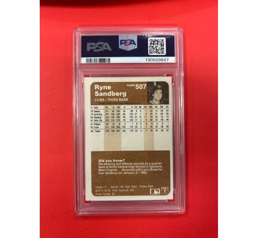 1983 FLEER RYNE SANDBERG AUTOGRAPHED PSA AUTHENTIC 9