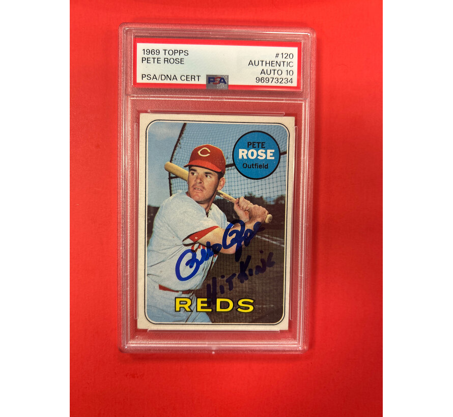 1969 TOPPS PETE ROSE AUTOGRAPHED PSA AUTHENTIC INSCRIBED HIT KING