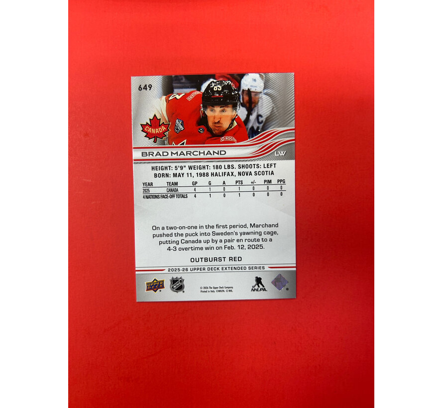 2025-26 UPPER DECK EXTENDED BRAD MARCHAND RED OUTBURST /25