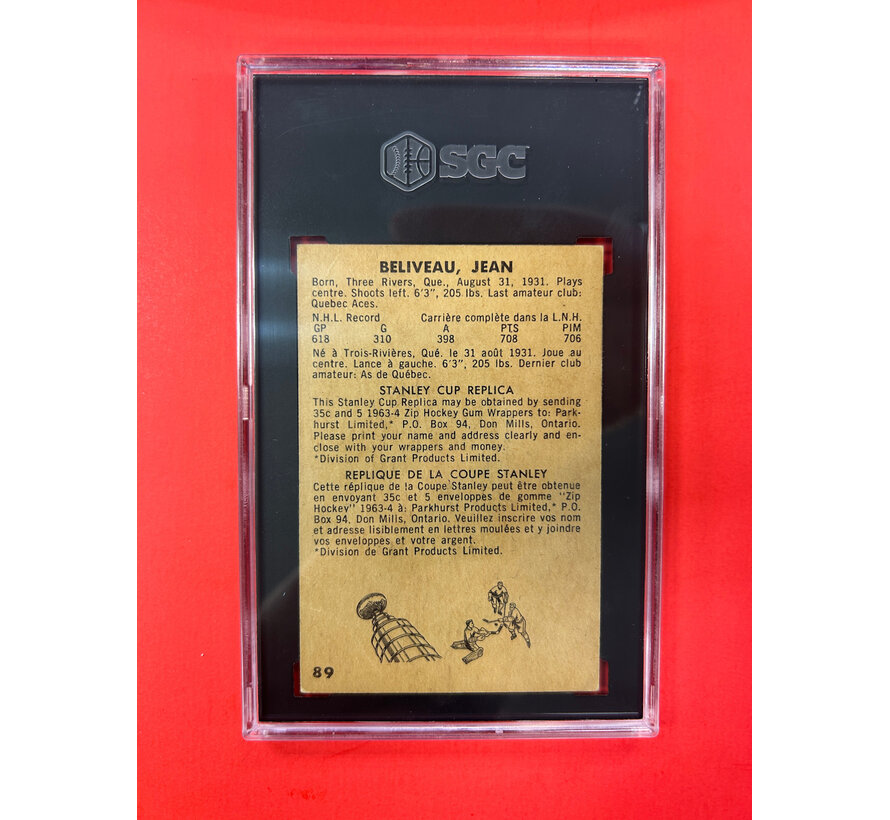 1963-64 PARKHURST JEAN BELIVEAU #89 SGC GRADED 3