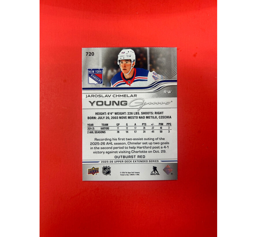 2025-26 UPPER DECK EXTENDED JAROSLAV CHEMLAR YOUNG GUNS RED OUTBURST /25
