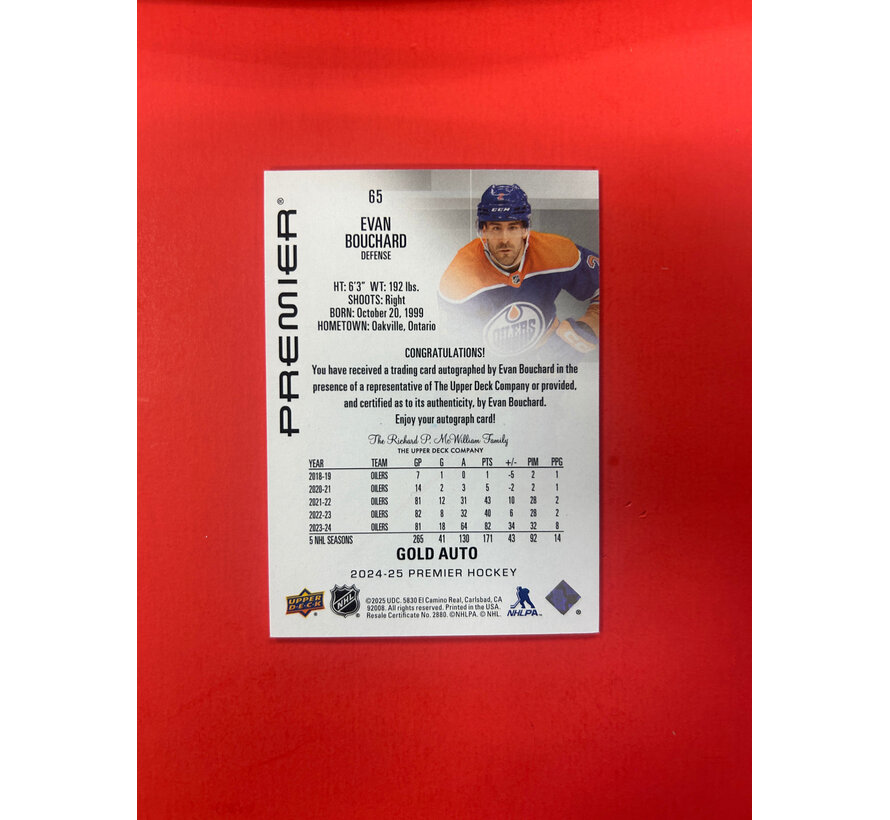 2024-25 UPPER DECK PREMIER EVAN BOUCHARD AUTOGRAPH GOLD /25