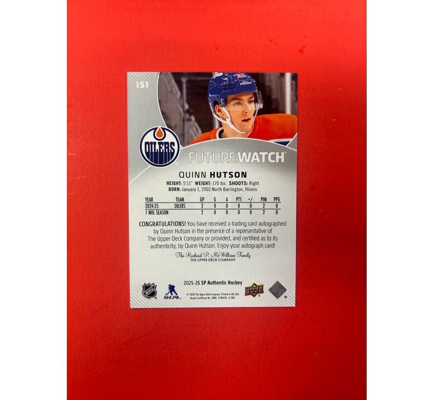 2025-26 SP AUTHENTIC QUINN HUTSON FUTURE WATCH AUTO /999
