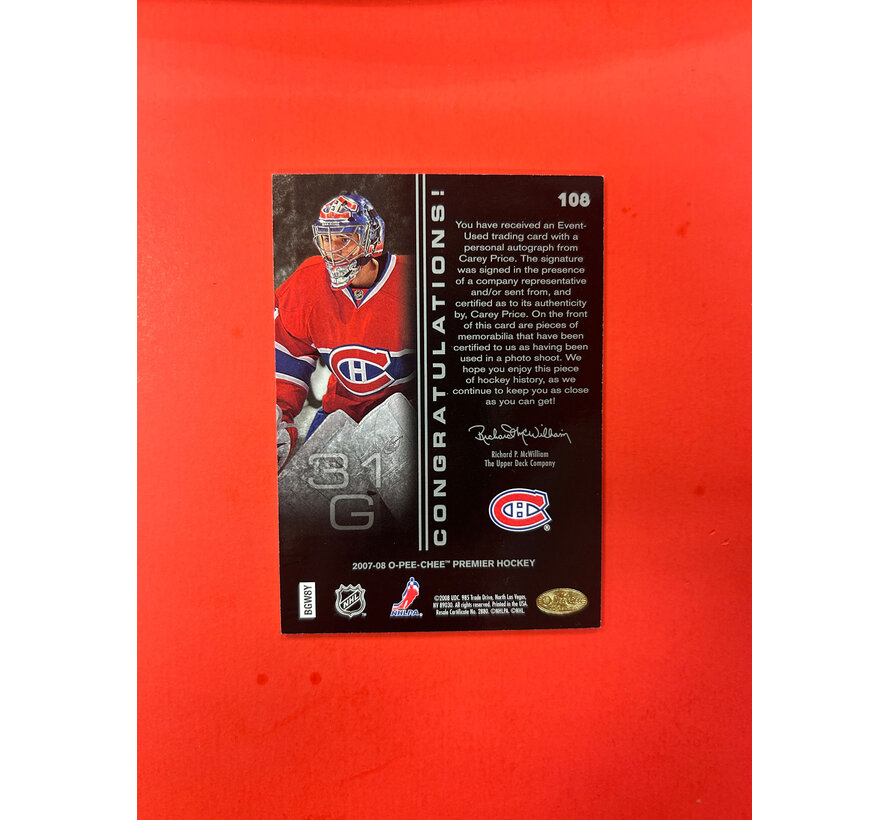 2007-08 O-PEE-CHEE PREMIER CAREY PRICE ROOKIE JERSEY AUTO /299