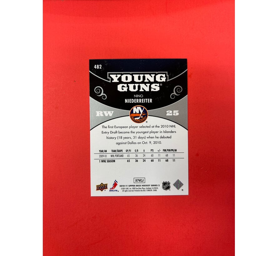 2010-11 UPPER DECK SERIES 2 NINO NIEDERREITER YOUNG GUNS AUTOGRAPHED SP