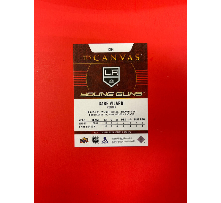 2020-21 UPPER DECK SERIES 1 GABE VILARDI YOUNG GUNS CANVAS AUTOGRAPHED