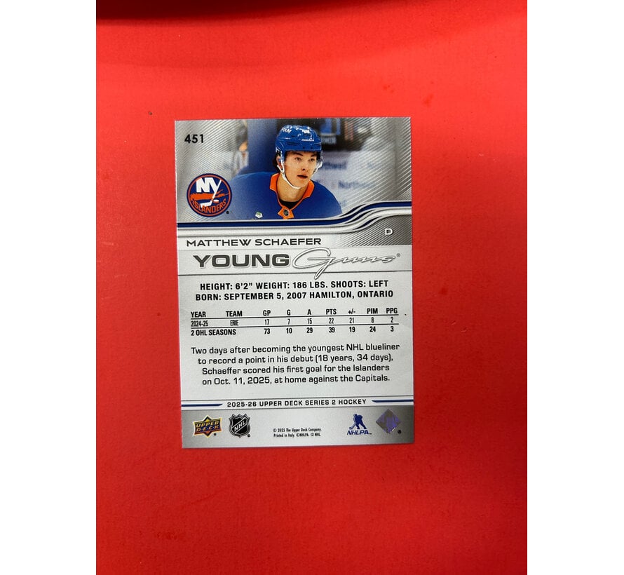 2025-26 UPPER DECK SERIES 2 MATTHEW SCHAEFER YOUNG GUNS