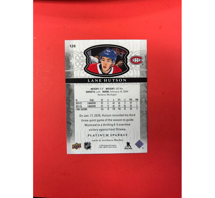 2026-27 UPPER DECK ARTIFACTS LANE HUTSON PLATINUM SPARKLE /99