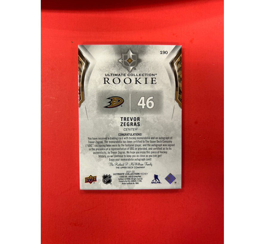 2021-22 UPPER DECK ULTIMATE TREVOR ZEGRAS ROOKIE PATCH AUTO /49