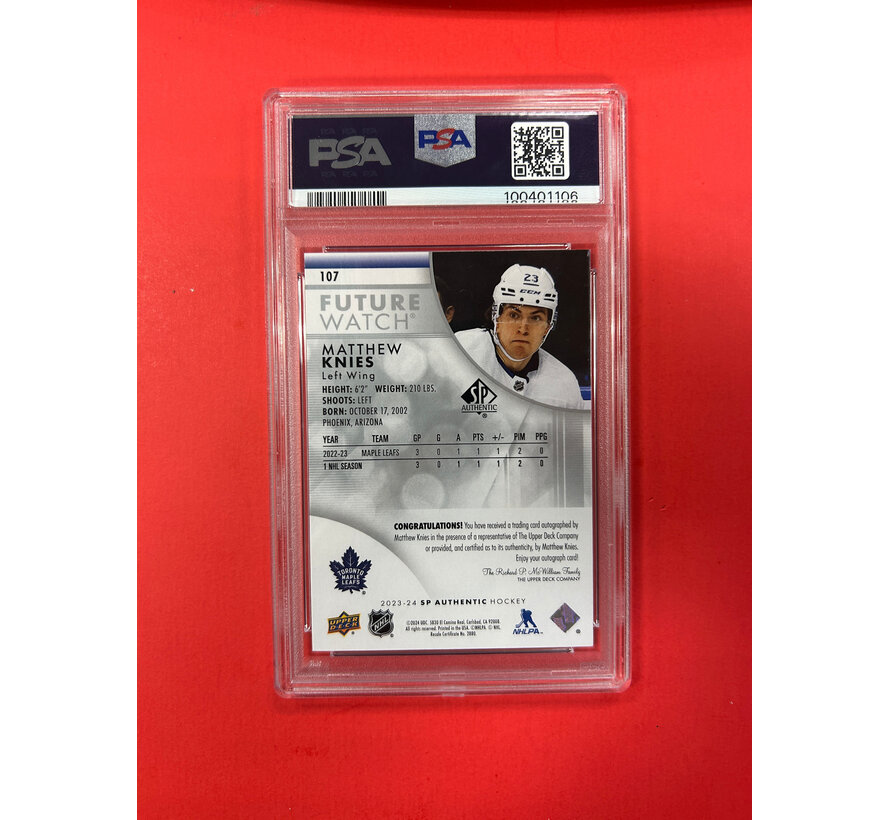 2023-24 SP AUTHENTIC MATTHEW KNIES FUTURE WATCH AUTOGRAPH /999 PSA GRADED 9