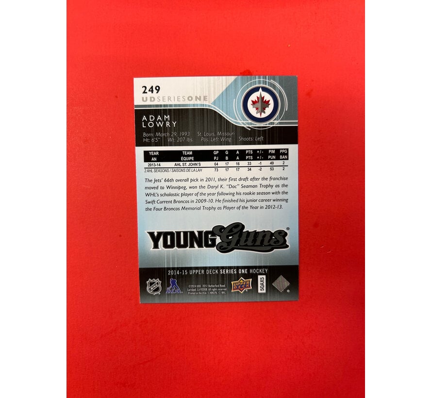 2014-15 UPPER DECK SERIES 1 ADAM LOWRY YOUNG GUNS AUTOGRAPHED
