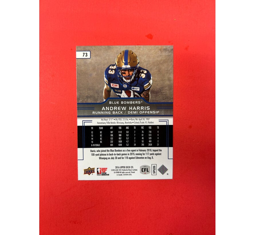 2016 UPPER DECK CFL ANDREW HARRIS AUTOGRAPHED IN PERSON