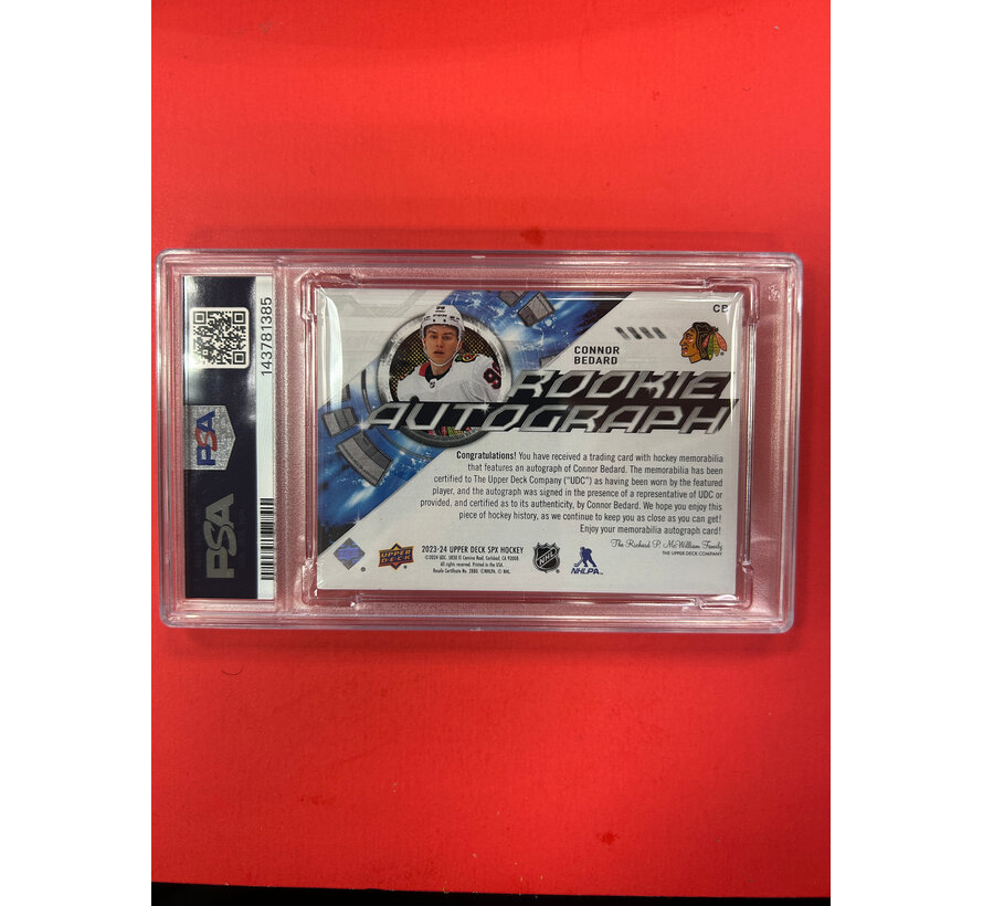 2023-24 UPPER DECK SPX CONNOR BEDARD ROOKIE JERSEY AUTOGRAPH BLUE /25 PSA AUTHENTIC AUTO 8