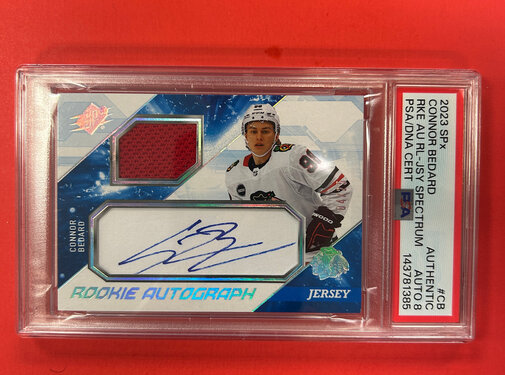 UPPER DECK 2023-24 UPPER DECK SPX CONNOR BEDARD ROOKIE JERSEY AUTOGRAPH BLUE /25 PSA AUTHENTIC AUTO 8