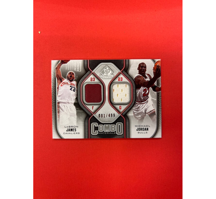 2008-09 SP GAME USED LEBRON JAMES MICHAEL JORDAN COMBO MATERIALS DUAL JERSEY /499