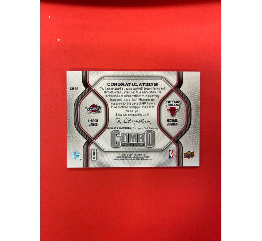 2008-09 SP GAME USED LEBRON JAMES MICHAEL JORDAN COMBO MATERIALS DUAL JERSEY /499
