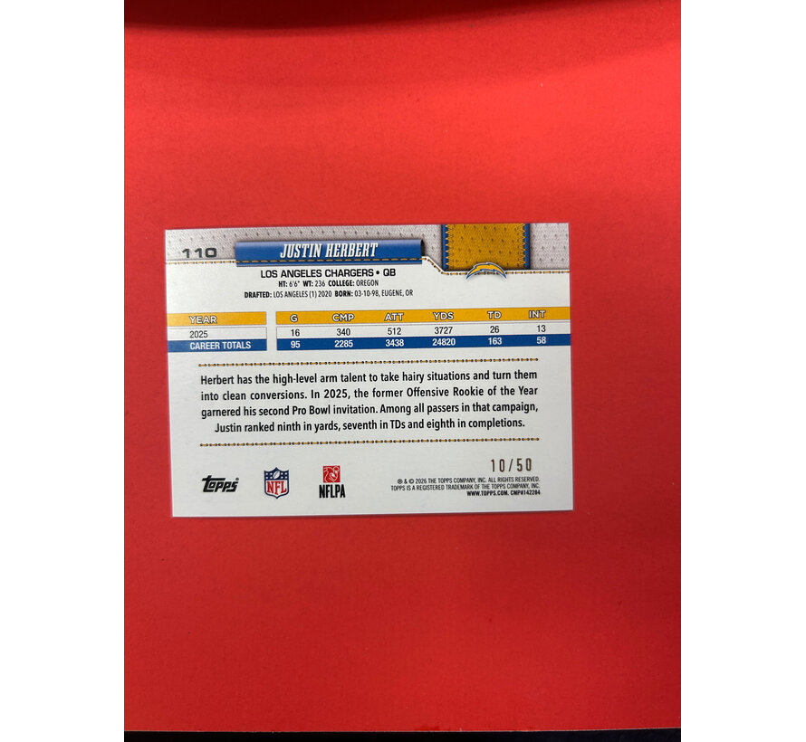 2026 TOPPS FLAGSHIP JUSTIN HERBERT GOLD BLUE PIXEL /50